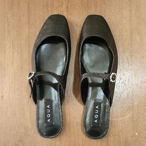 Aqua Black Textured Mules with Decorative Buckle